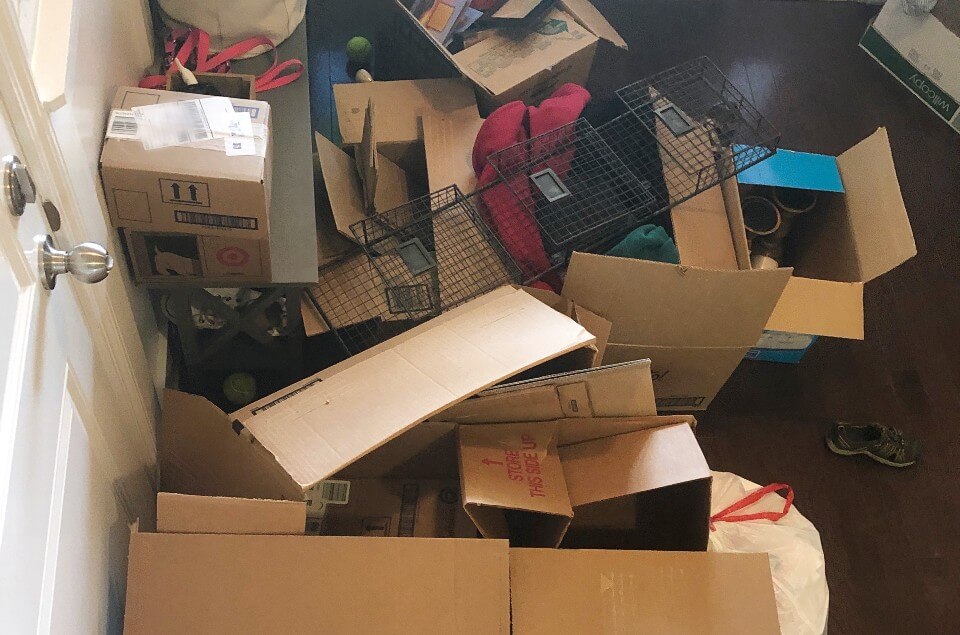 recycling boxes and donations in a pile
