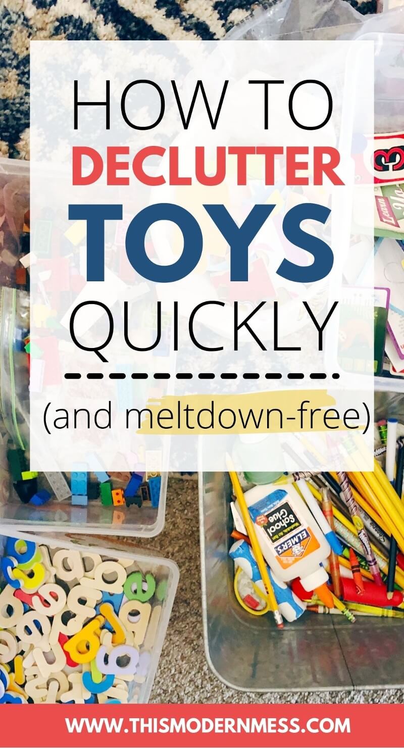 Image of many small toys sorted in bins during a playroom organizing session. Title reads "How to declutter toys quickly (and meltdown-free)."